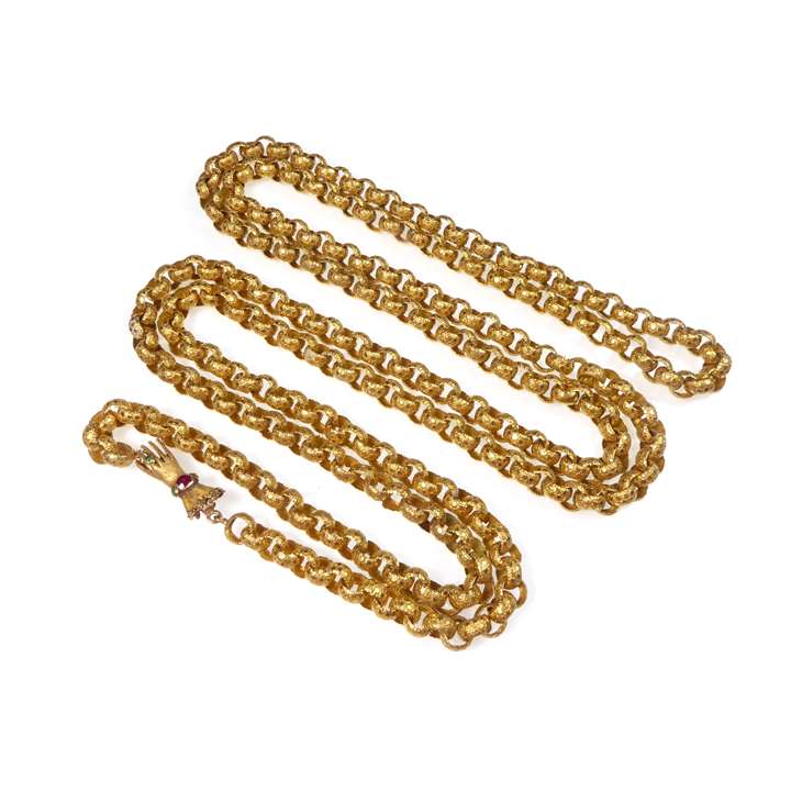 Gold muff long chain necklace with gem set hand clasp